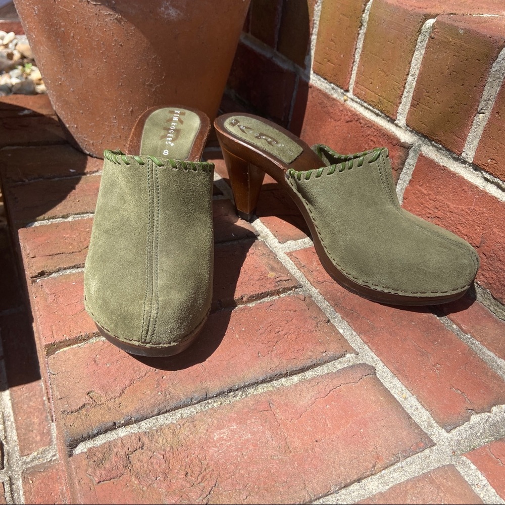 Kim Rogers Green Suede Clogs